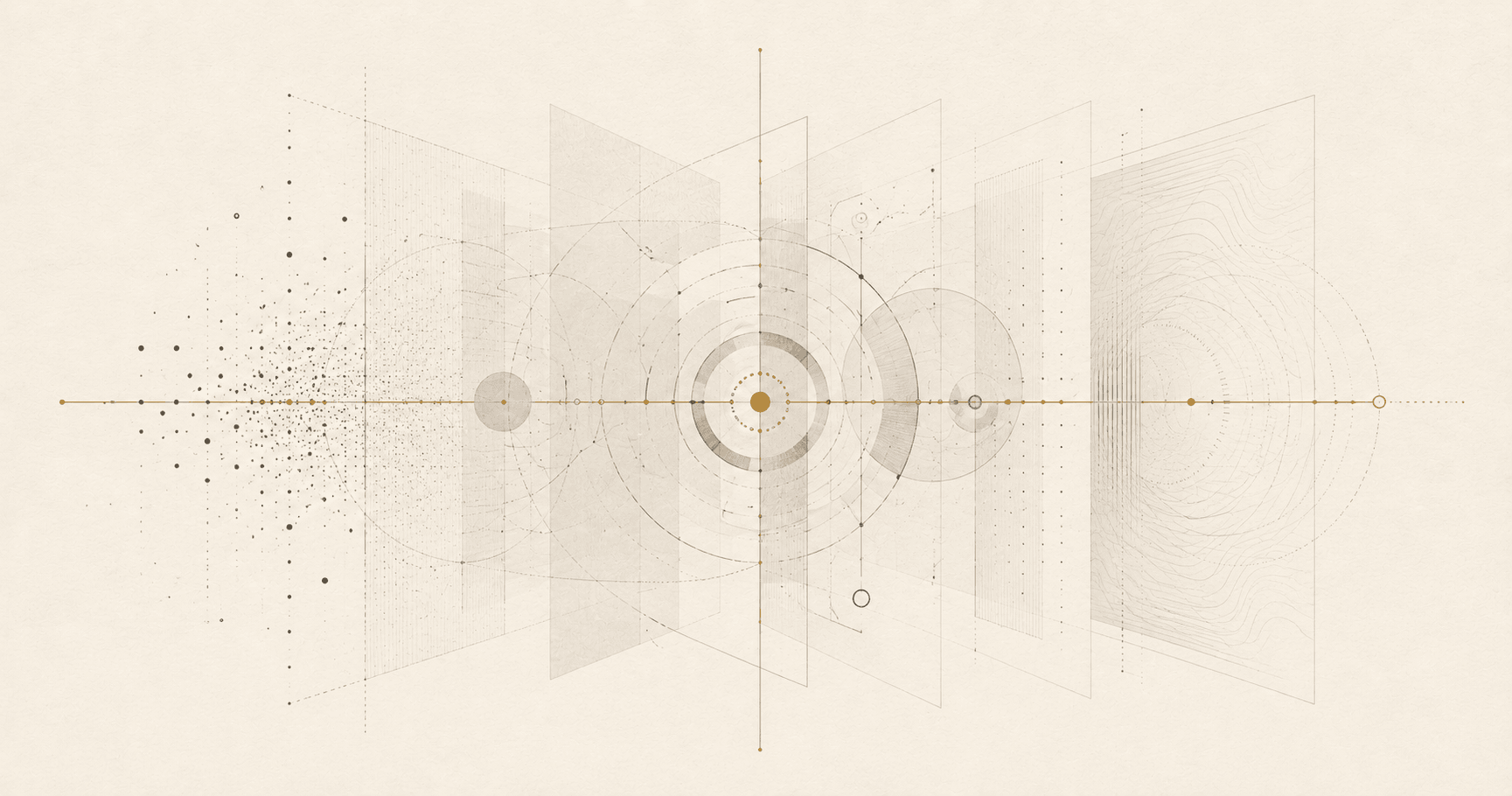 Layered translucent planes stacked along a single gold axis - the invisible layers of judgment behind one visible recommendation