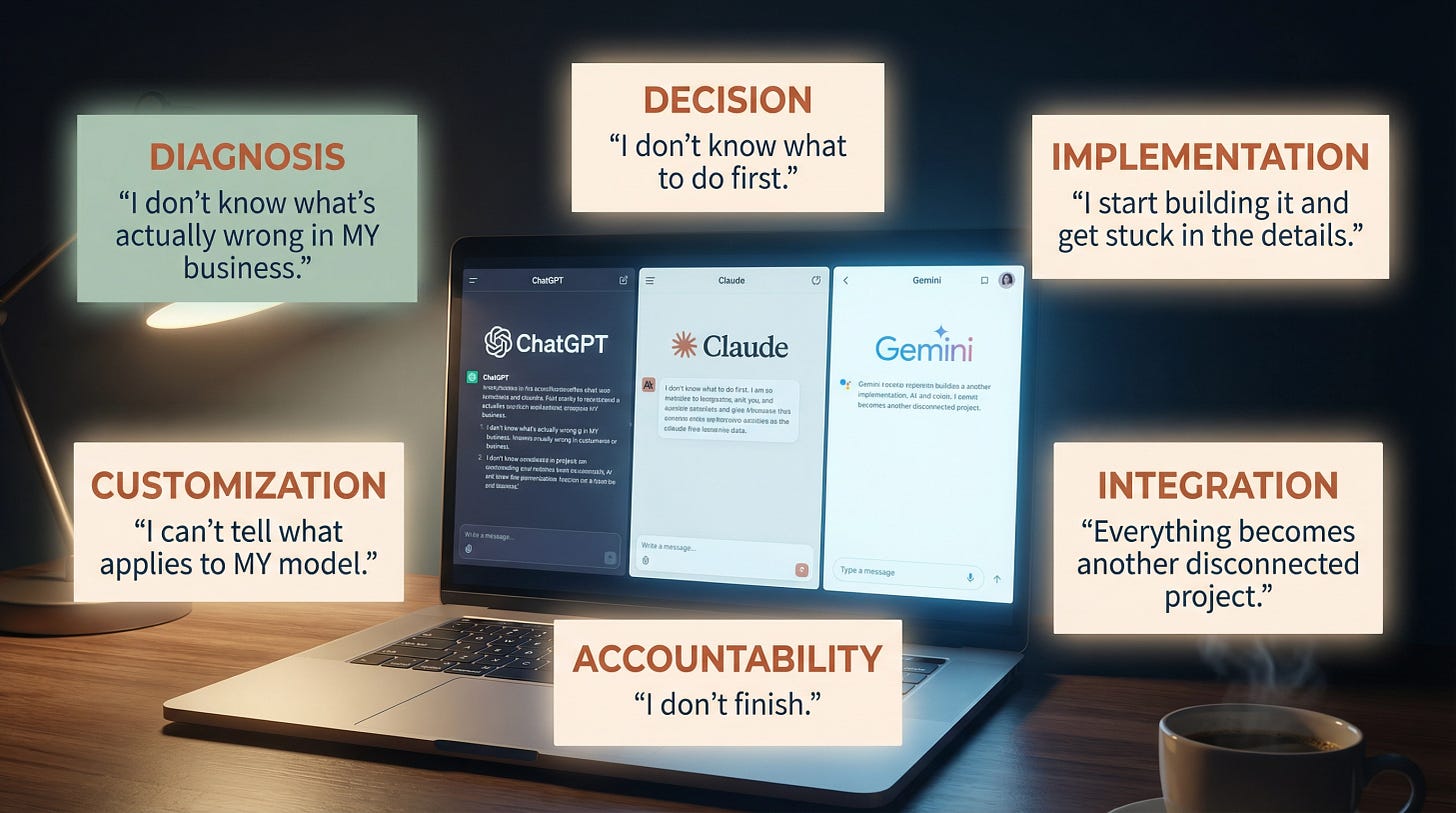 The six structural gaps in every comprehensive AI answer - diagnosis, decision, implementation, customisation, accountability, integration